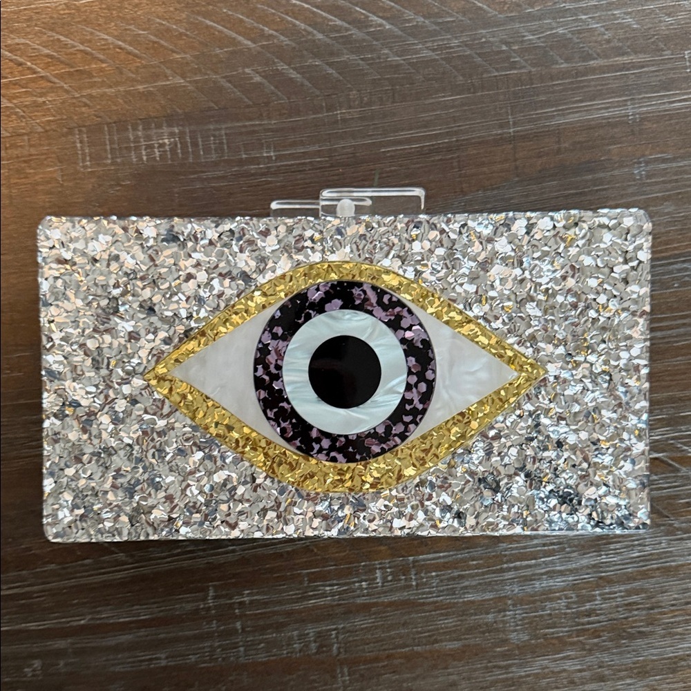 Evil Eye Acrylic Clutch Silver Eye Design Clutch Chain Shoulder Bag Glitter EUC - Picture 7 of 8